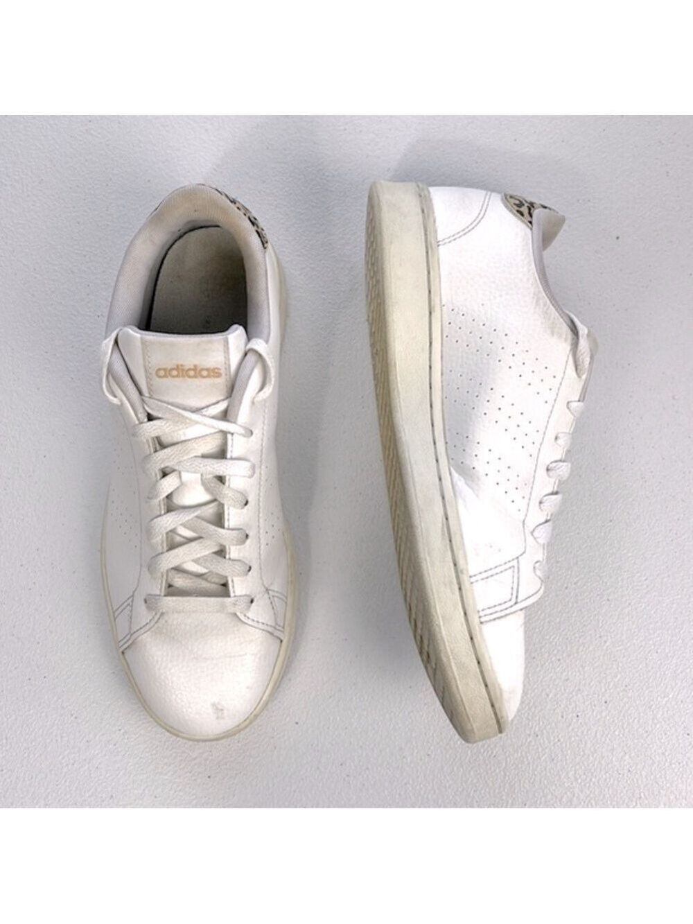 Adidas Advantage Sneakers 9.5 White Leopard Animal Accent Stan Smith Style Shoes - Picture 3 of 10